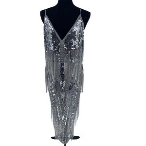 ASOS Silver Sequin and Mesh Dress women’s 12 maximalist stretch Beaded NEW